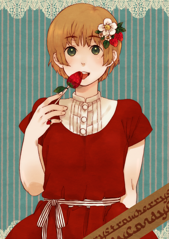 bad_id bad_pixiv_id brown_hair copyright_request food food_themed_clothes fruit green_eyes mosuko solo strawberry