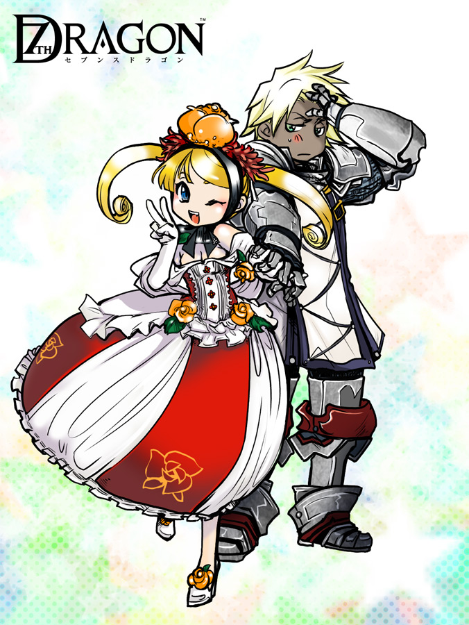 1girl 7th_dragon 7th_dragon_(series) arm_up artist_request bangs blonde_hair corset dress flower gauntlets grion_(7th_dragon) knight knight_(7th_dragon) long_sleeves looking_at_viewer one_eye_closed princess_(7th_dragon) red_dress sora_(7th_dragon) standing swept_bangs twintails