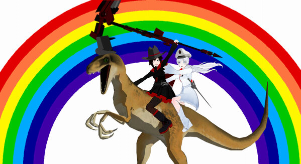 2girls 3d black_hair rainbow raptor ruby_(rwby) rwby smile top_hat weiss_schnee white_hair wink