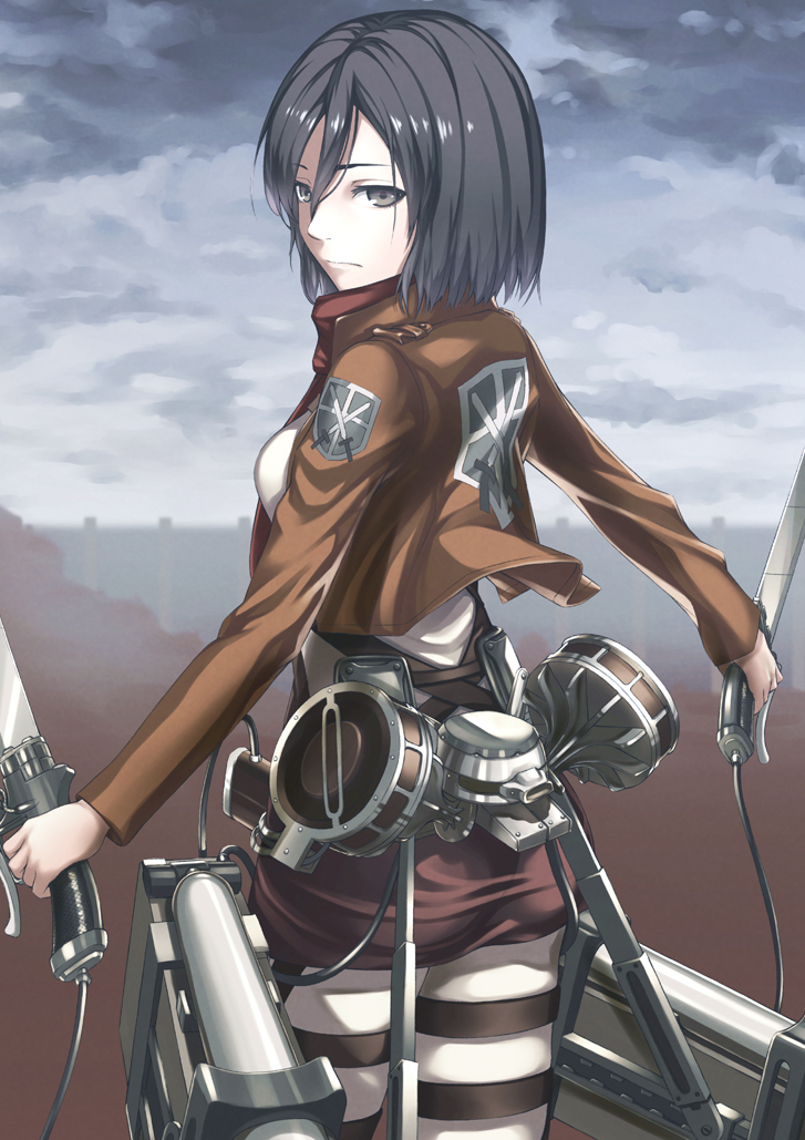 black_eyes black_hair dual_wielding emblem from_behind holding hyp mikasa_ackerman paradis_military_uniform scarf shingeki_no_kyojin short_hair solo sword thigh_strap training_corps_(emblem) weapon