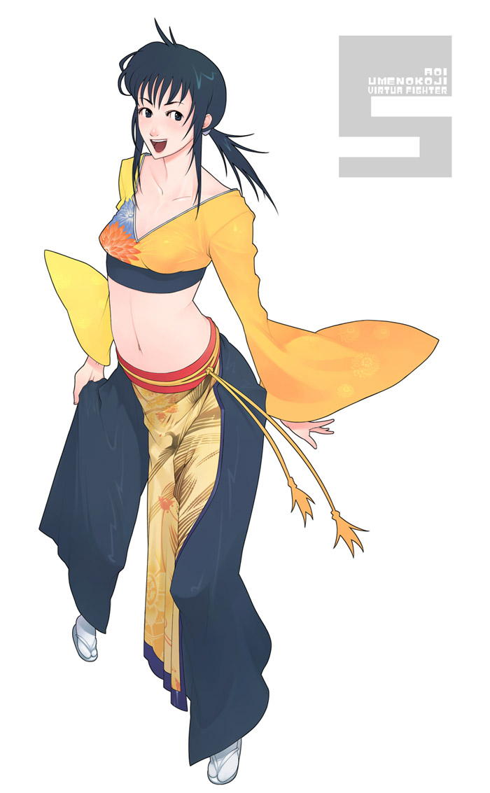 alternate_costume black_hair breasts character_name crop_top g-room_honten hakama japanese_clothes loincloth midriff navel pigeon-toed ponytail sandals sash small_breasts smile solo tabi umenokouji_aoi virtua_fighter virtua_fighter_5 wide_sleeves