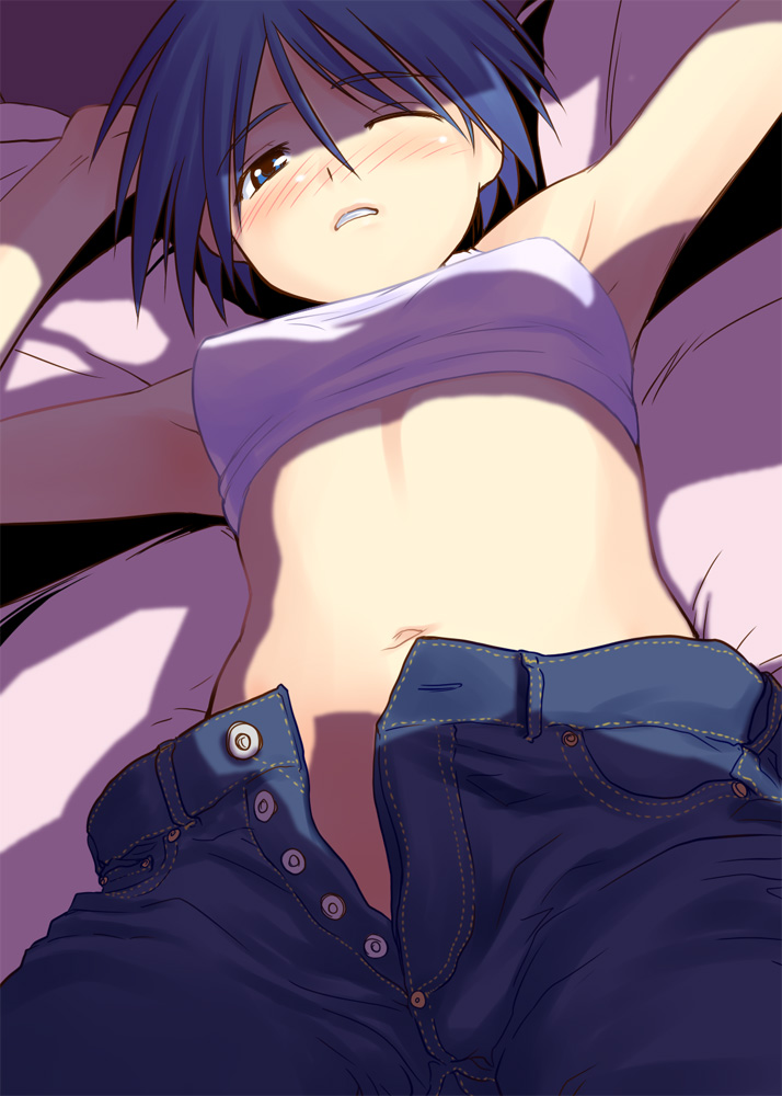 armpits arms_up bare_shoulders blue_eyes blue_hair blush breasts clenched_teeth cowboy_shot denim foreshortening from_below groin half-closed_eyes jeans looking_at_viewer lying matsubara_aoi navel no_panties no_shirt nose_blush on_back one_eye_closed open_fly pants sakaki_imasato shade short_hair small_breasts solo sports_bra teeth to_heart tomboy unbuttoned unzipped wince window_shade
