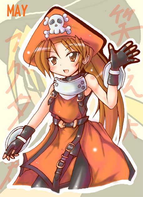 blush brown_eyes brown_hair character_name dress fingerless_gloves gloves guilty_gear hat kamashi long_hair may_(guilty_gear) orange_dress orange_hat orange_shirt pantyhose pirate pirate_hat ponytail shirt skull_and_crossbones solo standing