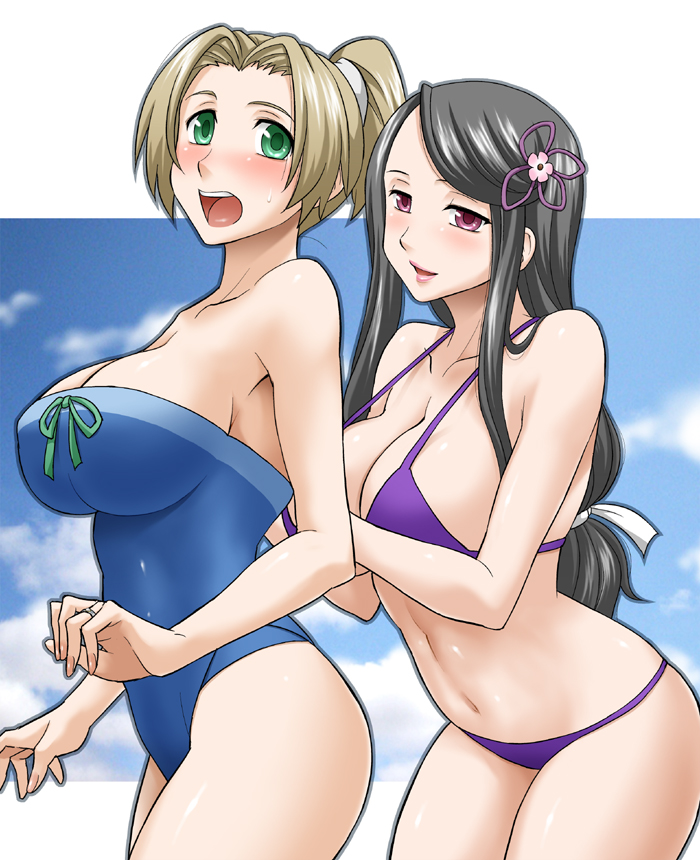bare_shoulders bikini black_hair blonde_hair blue_swimsuit blush breasts cleavage cloud day fingernails from_side green_eyes hair_ornament hair_ribbon hand_on_back hazel_(rune_factory) huge_breasts jewelry large_breasts legs long_hair looking_at_another looking_back low-tied_long_hair maeda_sengoku mature multiple_girls nail_polish navel one-piece_swimsuit open_mouth pink_nails purple_bikini red_eyes ribbon ring rune_factory rune_factory_3 shinonome_(rune_factory) short_hair short_ponytail sidelocks sky smile strap_gap strapless strapless_swimsuit sweat swimsuit thighs wedding_band