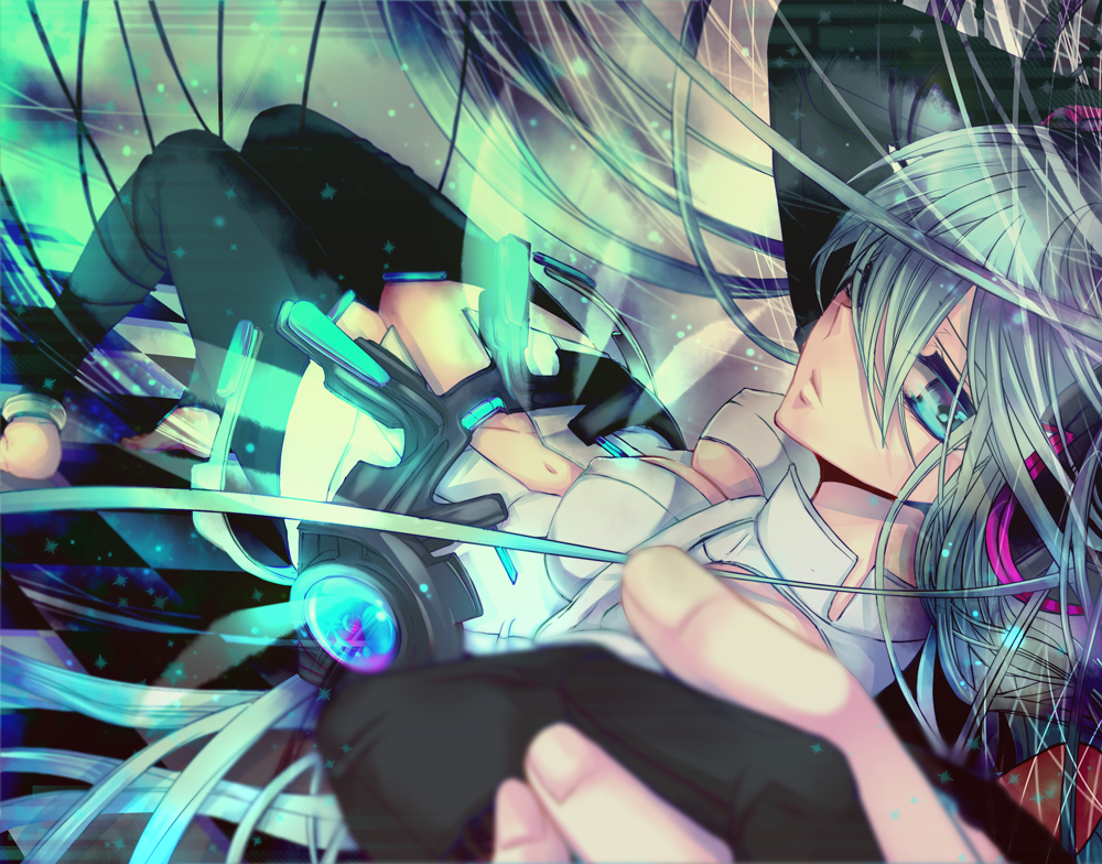 @shimapan aqua_eyes aqua_hair bad_id bad_pixiv_id barefoot bridal_gauntlets foreshortening hatsune_miku hatsune_miku_(append) long_hair navel solo thighhighs very_long_hair vocaloid vocaloid_append