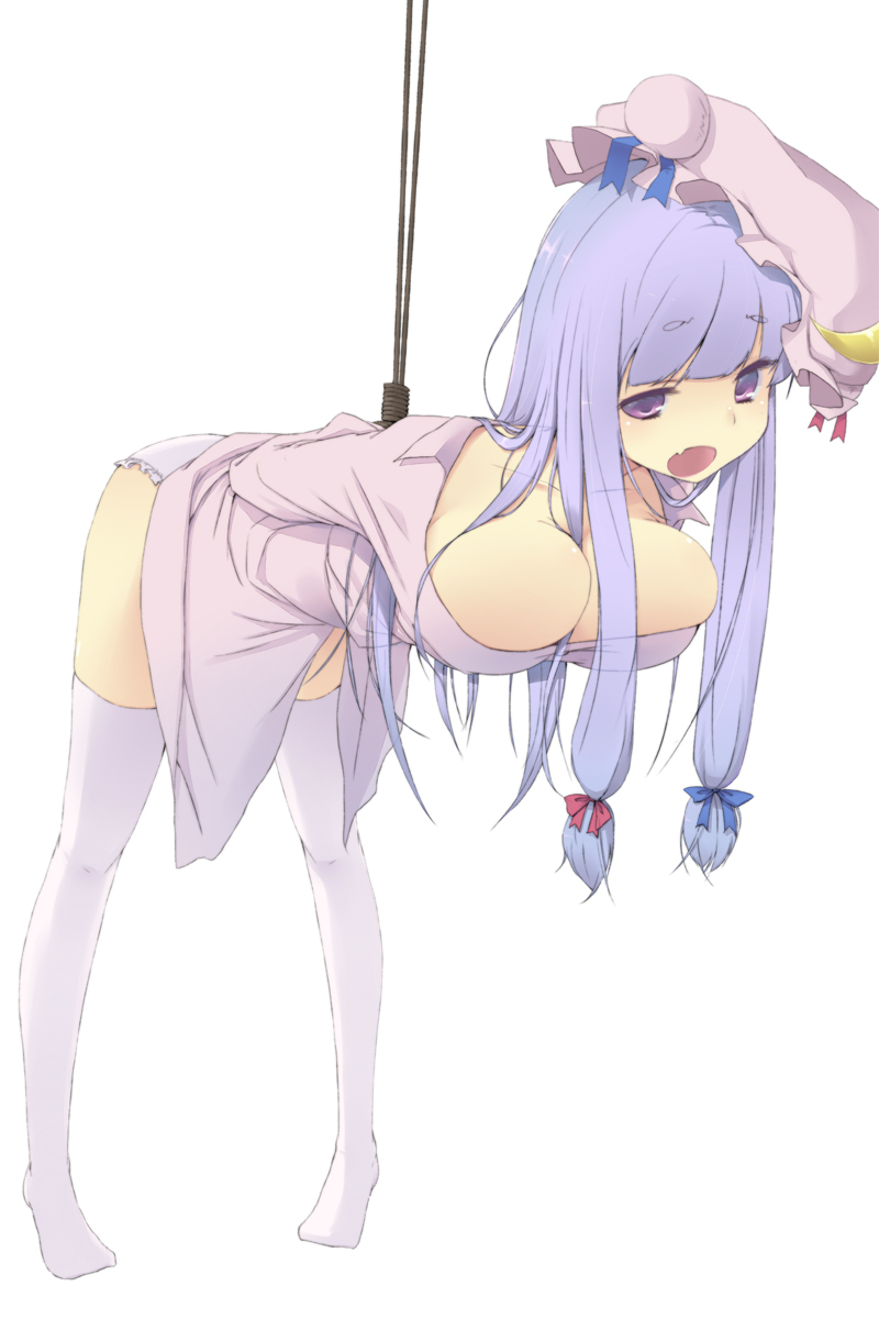 arms_behind_back bdsm bondage bound breasts cleavage collarbone crescent crescent_hair_ornament hair_ornament hair_ribbon hat highres large_breasts long_hair mob_cap muranisaki open_mouth panties patchouli_knowledge purple_eyes purple_hair ribbon simple_background solo suspension thighhighs touhou underwear white_background white_legwear