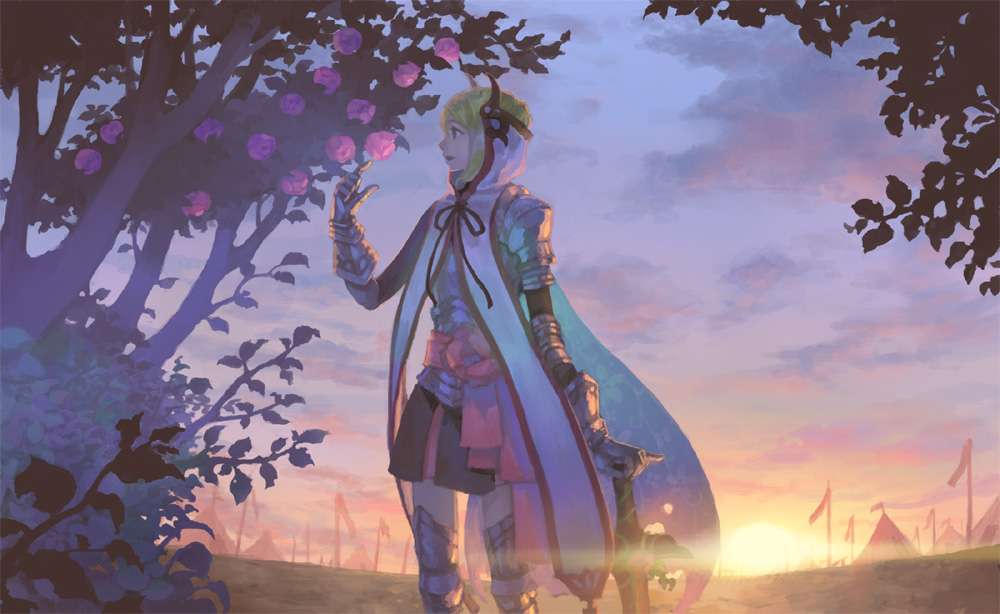 armor bad_id bad_pixiv_id banner blonde_hair cape cloud copyright_request flag flower forest hiko_(scape) horns knight nature rose sky solo sun tent tree