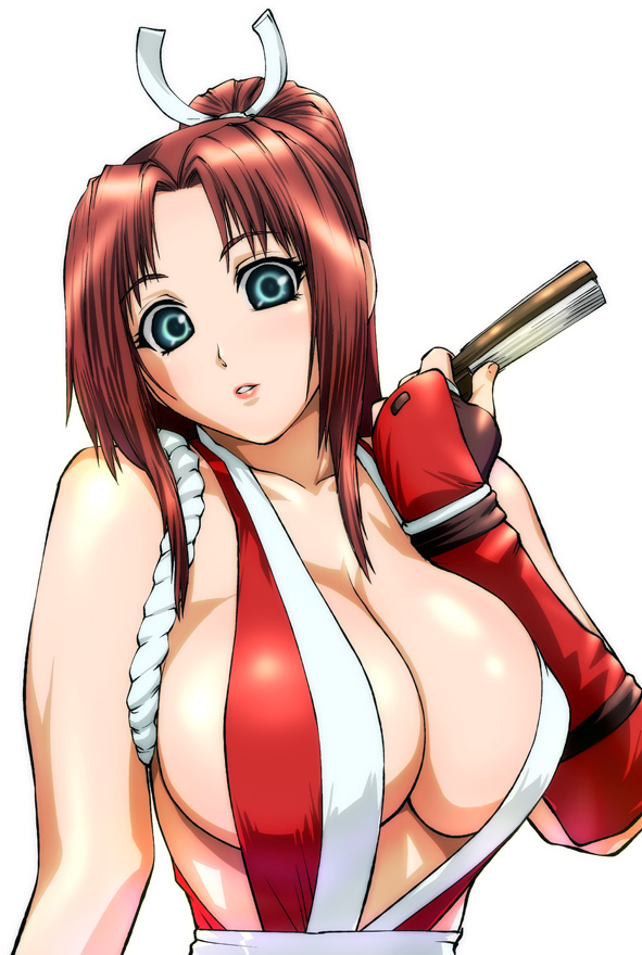 bare_shoulders blue_eyes breasts brown_hair cleavage closed_fan fan fatal_fury fingerless_gloves folding_fan gloves huge_breasts long_hair ponytail revealing_clothes shiranui_mai solo the_king_of_fighters ueyama_michirou