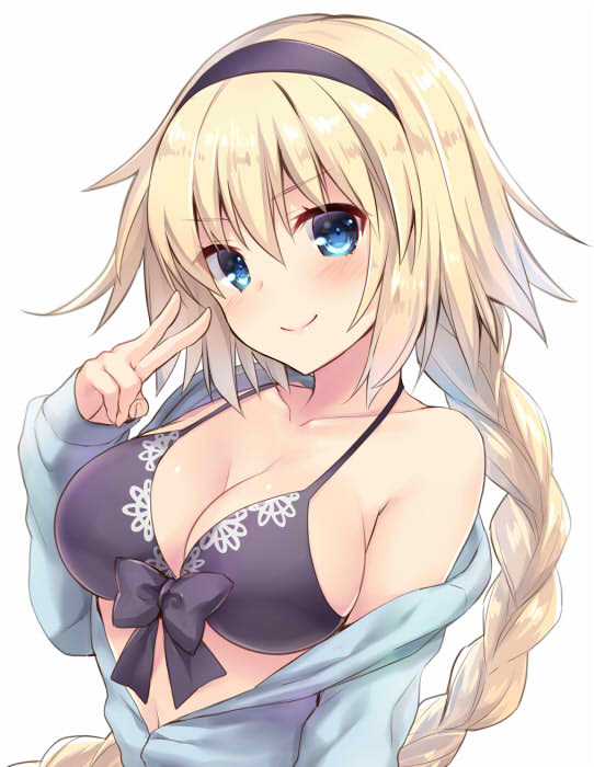 bangs bankoku_ayuya bare_shoulders blonde_hair blue_eyes blue_jacket blush braid breasts cleavage closed_mouth collarbone commentary_request eyebrows_visible_through_hair fate/grand_order fate_(series) hair_between_eyes hairband hand_up jacket jeanne_d'arc_(fate)_(all) jeanne_d'arc_(swimsuit_archer) jeanne_d'arc_(fate) jeanne_d'arc_(fate)_(all) jeanne_d'arc_(swimsuit_archer) large_breasts long_hair long_sleeves looking_at_viewer navel off_shoulder simple_background single_braid sleeves_past_wrists smile solo upper_body v v-shaped_eyebrows white_background