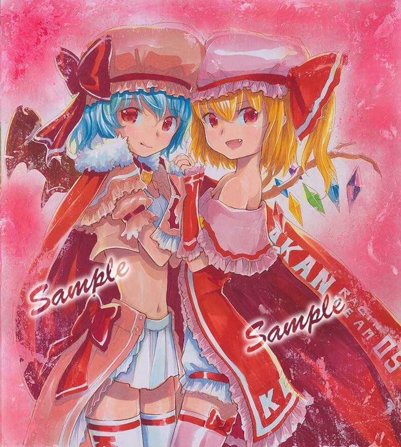 adapted_costume blonde_hair blue_hair cape fang flandre_scarlet hat hat_ribbon marker_(medium) mayo_riyo midriff multiple_girls navel open_mouth pink_legwear race_queen red_eyes remilia_scarlet ribbon sample short_hair siblings side_ponytail sisters skirt smile thighhighs touhou traditional_media white_legwear wings zettai_ryouiki