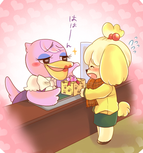 2girls artist_request bird blush canine dog doubutsu_no_mori female gift heart isabelle_(animal_crossing) lipstick lowres makeup mammal multiple_girls nintendo pelican phyllis phyllis_(animal_crossing) scarf shizue_(animal_crossing) shizue_(doubutsu_no_mori) topknot translated translation_request unknown_artist video_games