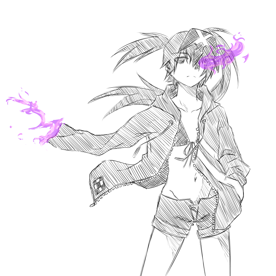 amputee asymmetrical_hair bikini_top black_hair black_rock_shooter drawfag false_arm false_limb fire flat_chest frown hair_ornament hand_in_pocket hood hooded_jacket insane_black_rock_shooter jacket long_hair midriff monochrome navel open_clothes open_fly open_jacket purple_fire shorts solo spot_color twintails uneven_twintails unzipped