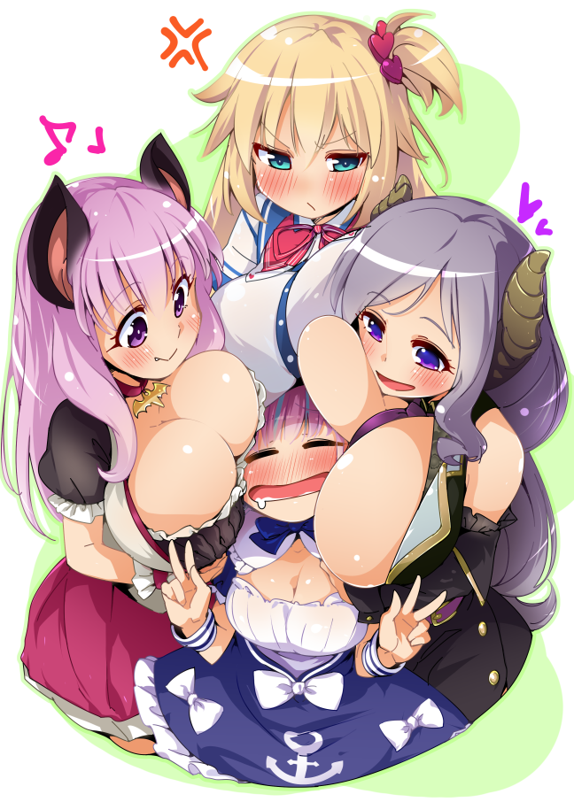 4girls :d akai_haato anchor_symbol anger_vein animal_ears animare bangs between_breasts blonde_hair blue_eyes blush bow breast_press breast_smother breasts cleavage closed_mouth demon_girl demon_horns detached_sleeves double_v dress drooling eyebrows_visible_through_hair eyes_closed fang_out frown girl_sandwich grey_hair hair_between_eyes hair_ornament heart heart_hair_ornament hololive honey_strap horns large_breasts lavender_hair long_hair long_sleeves looking_at_another minato_aqua multiple_girls nose_blush one_side_up open_mouth puffy_short_sleeves puffy_sleeves purple_eyes purple_hair red_bow saionji_mary sandwiched semahiro shirt short_sleeves smile swept_bangs tsundere umori_hinako v very_long_hair virtual_youtuber white_bow white_shirt wristband yuri