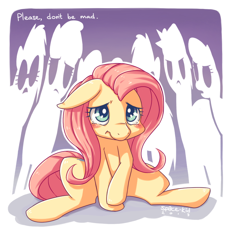 blush cutie_mark english_text equine fear female feral fluttershy_(mlp) friendship_is_magic fur green_eyes group hair horse mammal my_little_pony pink_hair pony signature sitting space-kid spread_legs spreading tears text yellow_fur