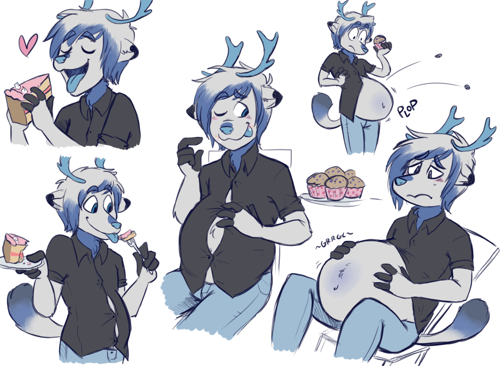 blue_eyes blue_hair cake cervine deer food gurgle hair horn inflation male mammal muffin overweight sad sir-prince tongue