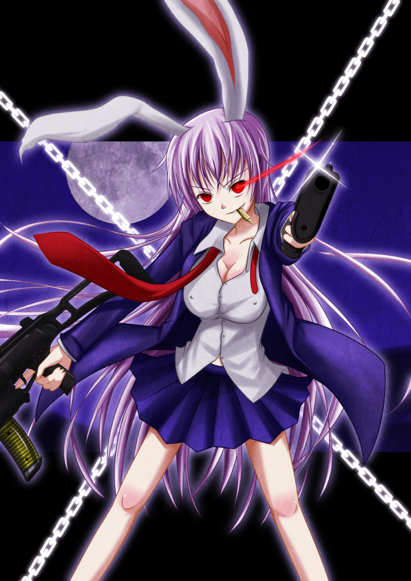 animal_ears bad_id bad_pixiv_id blazer breasts bullet bunny_ears chain covered_nipples glowing glowing_eyes gun hoihoisan2 jacket large_breasts long_hair miniskirt moon mouth_hold necktie purple_hair red_eyes red_neckwear reisen_udongein_inaba skirt solo touhou weapon