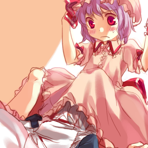 bad_id bad_pixiv_id blush hat irua izayoi_sakuya lowres multiple_girls purple_hair red_eyes remilia_scarlet short_hair sketch sweatdrop touhou under_skirt upskirt