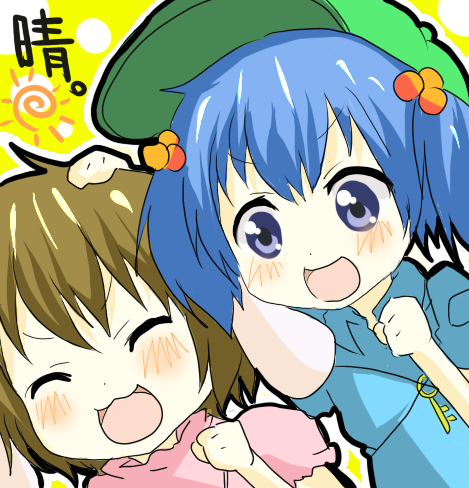 :3 :d ^_^ bad_id bad_pixiv_id blue_eyes blue_hair blush brown_hair closed_eyes hair_bobbles hair_ornament haru_(goalstyle) hat inaba_tewi kawashiro_nitori key lowres multiple_girls open_mouth short_hair short_twintails smile touhou twintails v-shaped_eyebrows