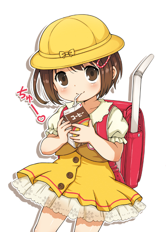 backpack bag bow brown_eyes brown_hair child coffee dress drinking drinking_straw hair_ornament hairclip hat lasto looking_at_viewer milk_carton outline oversized_object personification randoseru school_hat shadow short_hair simple_background smile solo translated white_background yukico-tan yukijirushi