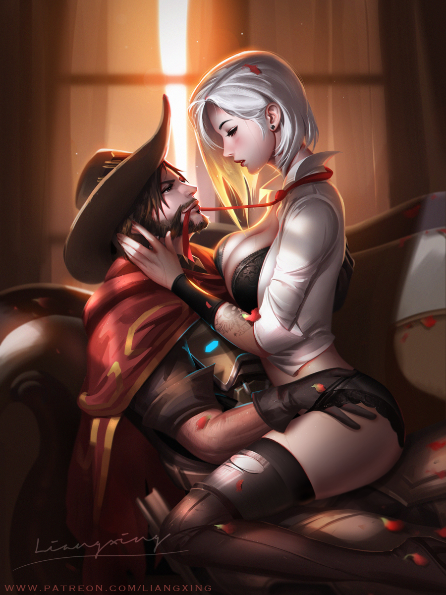 1boy 1girl ashe_(overwatch) asymmetrical_hair beard black_gloves black_legwear black_panties boots breasts brown_eyes brown_hair cape cleavage cowboy_hat earrings eyes_closed facial_hair gloves hand_in_panties hat highres indoors jewelry large_breasts liang_xing lips lipstick looking_at_another makeup mccree_(overwatch) necktie necktie_in_mouth no_pants open_clothes open_shirt overwatch panties parted_lips patreon_username r red_neckwear shirt short_hair short_sleeves signature sitting sitting_on_lap sitting_on_person smile straddling stud_earrings tattoo thigh_boots thighhighs thighhighs_under_boots underwear watermark web_address white_hair white_shirt