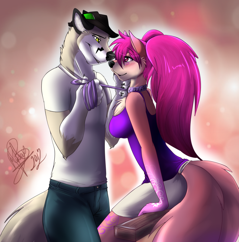 2012 black_markings blush clothed clothing female fluffy_tail fur hair hat invalid_background male markings pants perky_ears pink_eyes pink_fur pink_hair shirt skirt straight white_fur wolflady yellow_eyes