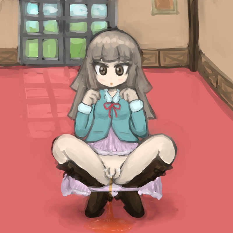 boots brown_hair cute dress panties panty_pull peeing squatting trap underwear