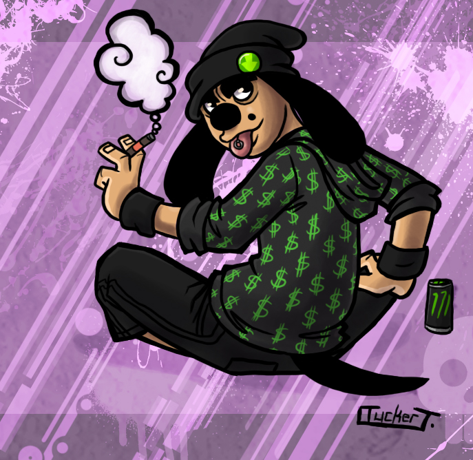anthro beanie beauty_mark black_nose canine cigar clothing dog floppy hat hoodie invalid_tag looking_back mammal monster_energy_drink piercing short_tail sitting solo thick_eyebrows tongue tongue_out tongue_piercing tuckdawg wristband
