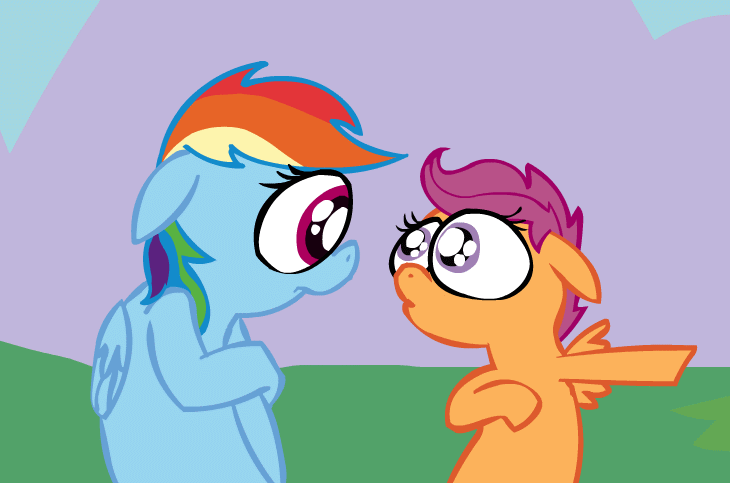 blue_fur cub duo equine eyes female feral friendship_is_magic fur hair horse mammal multi-colored_hair my_little_pony outside pegasus pony purple_eyes purple_hair rainbow_dash_(mlp) rainbow_hair scootaloo_(mlp) wings young