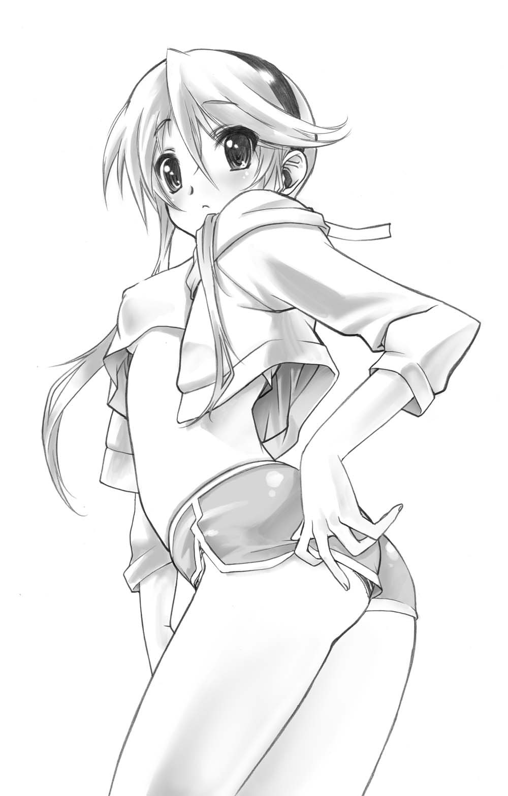 1girl ass crop_top heroman highres lina_davis long_hair looking_back midriff monochrome senomoto_hisashi short_shorts shorts tank_top