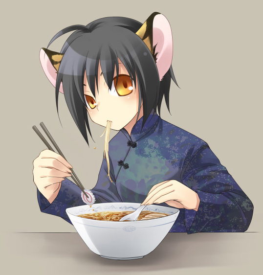 ahoge allegretto_(pixiv) animal_ears bad_id bad_pixiv_id bowl changpao chinese_clothes chopsticks copyright_request eating food food_in_mouth holding holding_spoon kamaboko narutomaki noodles ramen solo soup spoon tiger_ears yellow_eyes