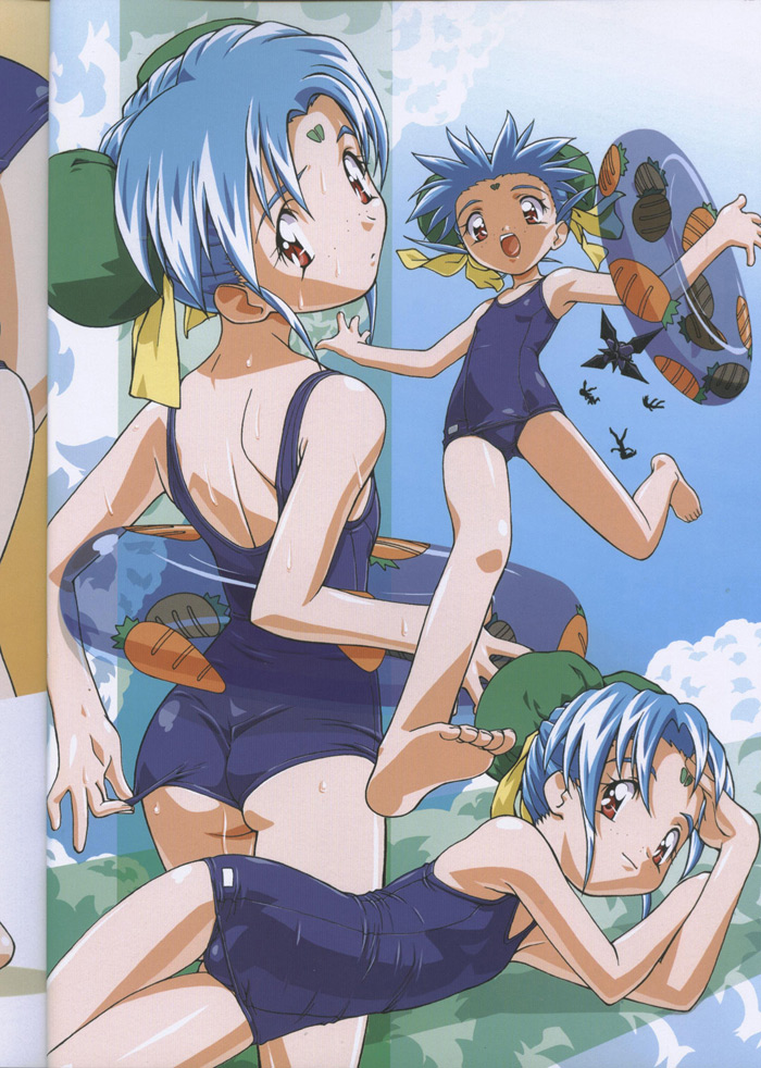 90s adjusting_clothes adjusting_swimsuit artist_request ass back barefoot blue_hair bun_cover carrot double_bun facial_mark feet flat_chest forehead_mark freckles innertube looking_back lying masaki_sasami_jurai on_side one-piece_swimsuit open_mouth outstretched_arms red_eyes school_swimsuit smile solo spread_arms swimsuit tenchi_muyou! thigh_gap wet