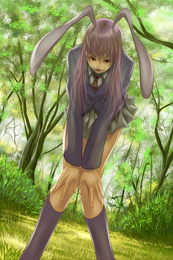 animal_ears blazer bunny_ears day jacket long_hair necktie outdoors purple_hair reisen_udongein_inaba skirt solo touhou