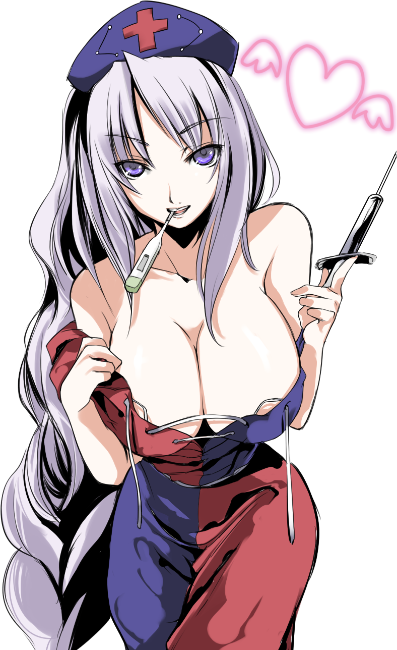 areola_slip areolae atoshi bare_shoulders blue_eyes braid breasts cleavage digital_thermometer hat heart highres huge_breasts long_hair mouth_hold naughty_face silver_hair solo syringe thermometer touhou undressing very_long_hair yagokoro_eirin