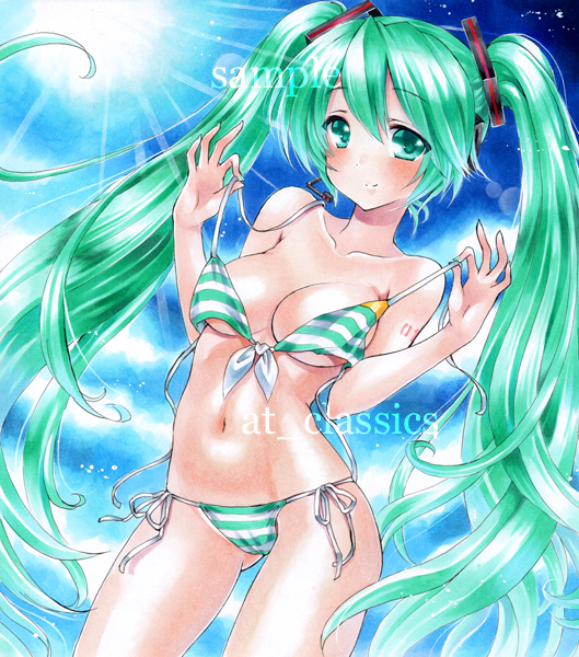 artist_name at_classics bikini blush breasts day green_eyes green_hair hatsune_miku headset light_rays long_hair medium_breasts navel sample side-tie_bikini solo striped striped_bikini sunbeam sunlight swimsuit traditional_media twintails untied untying very_long_hair vocaloid