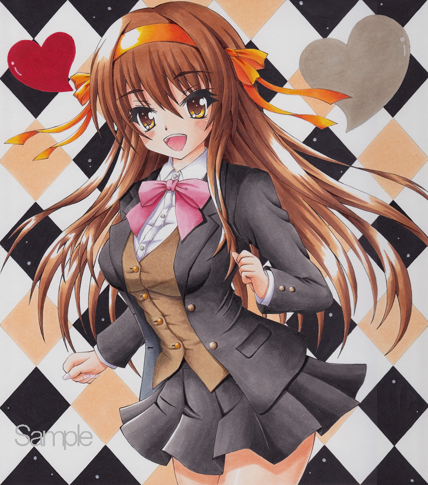 alternate_costume alternate_hair_length alternate_hairstyle argyle argyle_background brown_eyes brown_hair kouyouen_academy_uniform long_hair munmu sample school_uniform solo suzumiya_haruhi suzumiya_haruhi_no_shoushitsu suzumiya_haruhi_no_yuuutsu