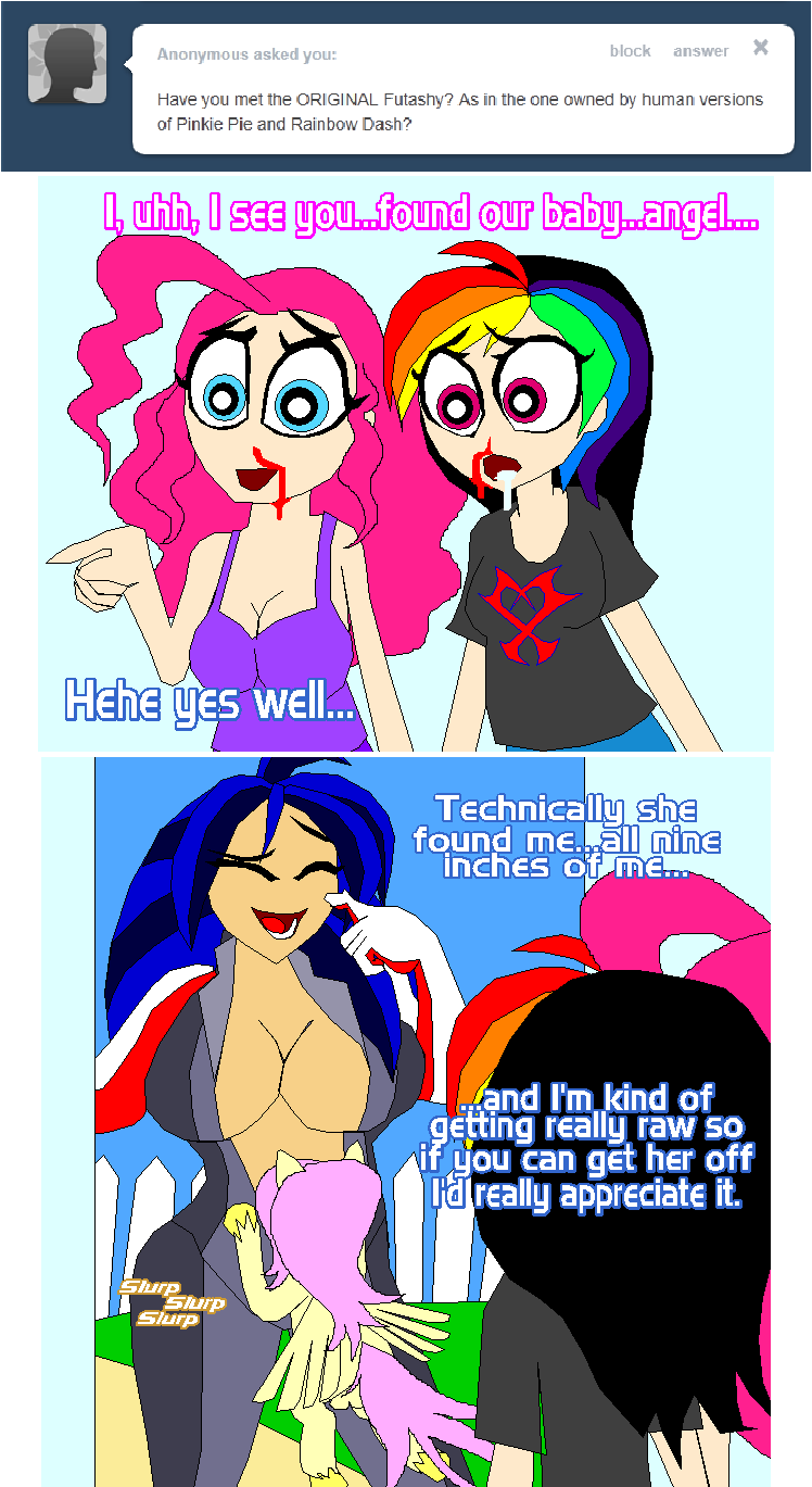 blue_eyes blue_hair breasts cleavage clothed clothing comic dickgirl drooling equine eyes fence feral finger fluttershy_(mlp) friendship_is_magic fur group hair horse human humanized intersex mammal multi-colored_hair my_little_pony nosebleed open_mouth outside pink_hair pinkie_pie_(mlp) pony purple_eyes rainbow_dash_(mlp) rainbow_hair saliva suggestive text tumblr two_tone_hair tyrranux yellow_fur
