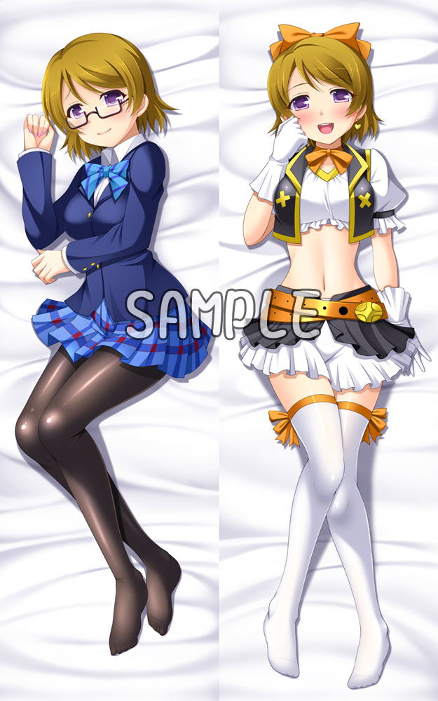 :d black_legwear blazer brown_hair crop_top dakimakura gloves jacket koizumi_hanayo love_live! love_live!_school_idol_project lying midriff multiple_views narutaki_shin navel no_brand_girls no_shoes open_mouth otonokizaka_school_uniform pantyhose purple_eyes sample school_uniform short_hair skirt smile thighhighs white_legwear