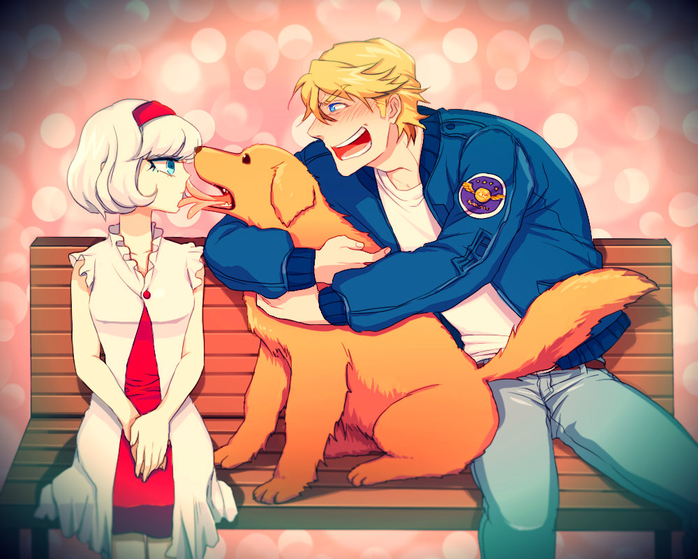 1girl animal bad_id bad_pixiv_id belt bench blonde_hair blue_eyes blue_jacket blush bob_cut bomber_jacket cis_(tiger_&amp;_bunny) couple denim dog dress hair_ornament hairband hetero jacket jeans john_(tiger_&amp;_bunny) keith_goodman open_mouth pants short_hair tiger_&amp;_bunny tongue white_hair yuri_(anachronic)