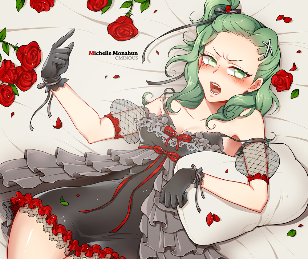 bad_id bad_pixiv_id bare_shoulders blush bra cyphers dress flower frills gloves green_eyes green_hair hair_ornament hair_ribbon half_updo long_hair michelle_(cyphers) open_mouth pillow ponytail red_flower red_rose ribbon rose side_ponytail solo underwear yuri_(anachronic)