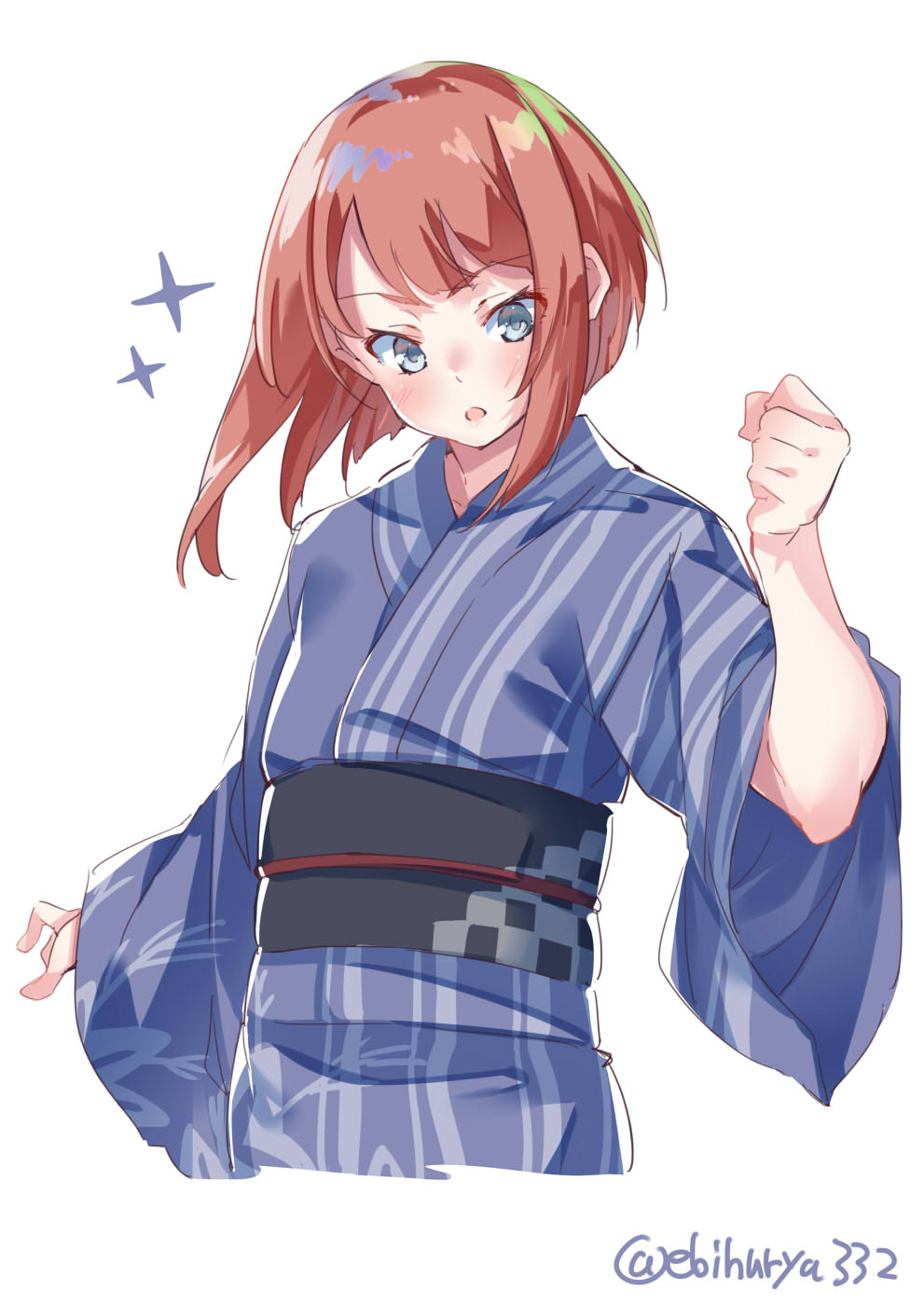 1girl ark_royal_(kantai_collection) black_sash blue_eyes blush commentary_request cropped_torso ebifurya eyebrows_visible_through_hair highres japanese_clothes kantai_collection kimono long_sleeves looking_at_viewer medium_hair obi open_mouth red_hair sash short_hair_with_long_locks simple_background solo sparkle twitter_username white_background wide_sleeves yukata