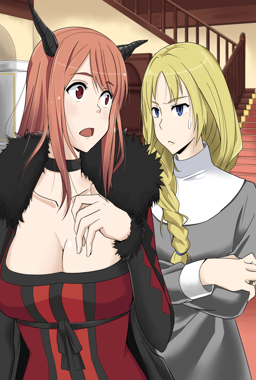 bad_aspect_ratio blonde_hair blue_eyes braid breasts choker cleavage crossed_arms fur_trim hair_over_shoulder highres horns large_breasts long_hair looking_back maou_(maoyuu) maoyuu_maou_yuusha multiple_girls nun onna_kishi_(maoyuu) red_eyes red_hair single_braid stairs sweatdrop yukivit