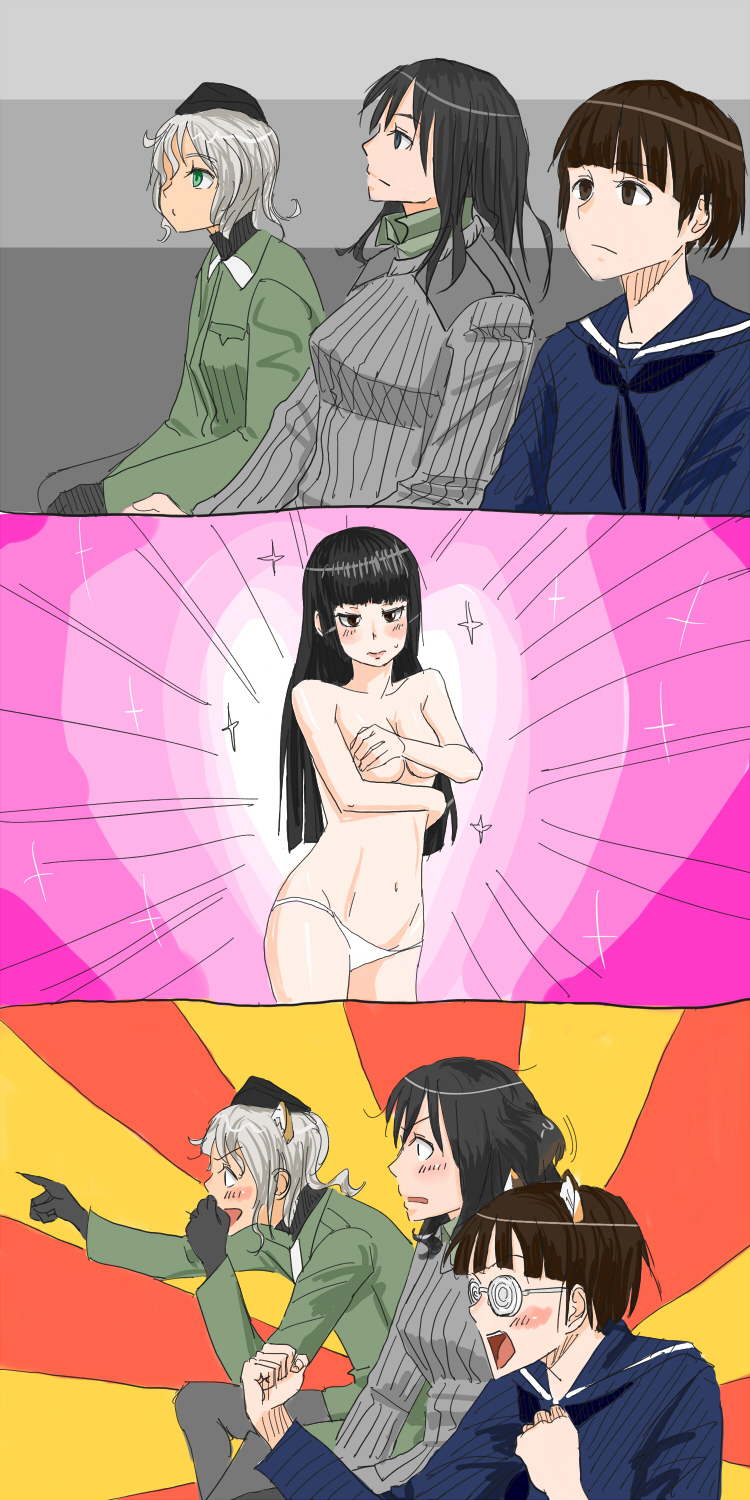 anabuki_tomoko animal_ears black_hair blue_eyes blush breasts brown_eyes brown_hair collared_shirt covering covering_breasts elizabeth_f_beurling embarrassed frown gaijin_4koma giuseppina_ciuinni glasses gloves green_eyes grey_hair highres long_hair medium_breasts midriff military military_uniform multiple_girls nigatsu_(fevrali) open_mouth panties pantyhose pointing ribbed_sweater sakomizu_haruka shirt short_hair smile sparkle straight_hair surprised sweater underwear uniform wavy_hair world_witches_series