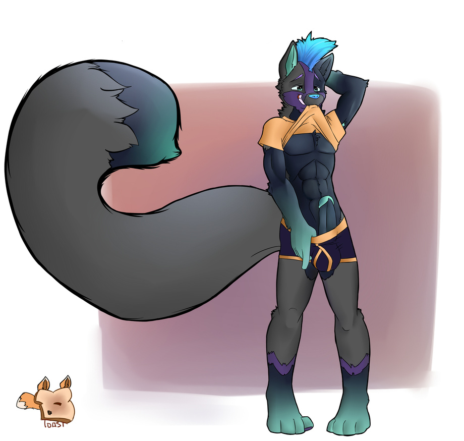abs aroused balls bite black_fur blueberry_(character) bulge canine chest_tuft clothing erection fluffy_tail fox green_eyes grey_fur horny long_tail markings mohawk muscles pecs penis presenting shirt shirt_lift shorts solo tattoo teeth toastedfox_(artist) two_tone underwear
