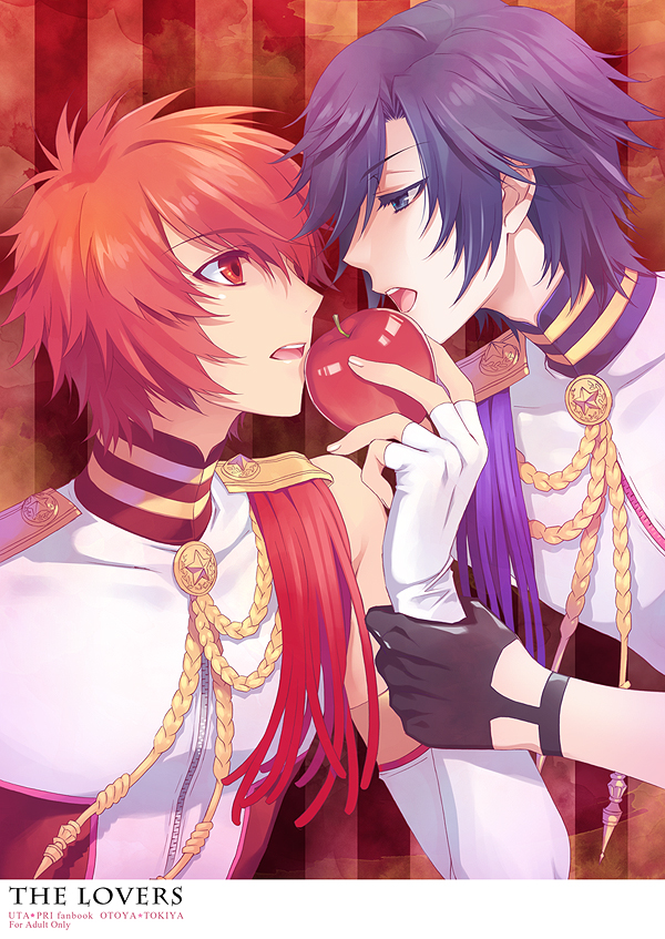 apple bad_id bad_pixiv_id blue_eyes blue_hair carnelian eye_contact face-to-face fingerless_gloves food from_side fruit gloves ichinose_tokiya ittoki_otoya looking_at_another multiple_boys red_eyes red_hair short_hair text_focus tongue uniform uta_no_prince-sama