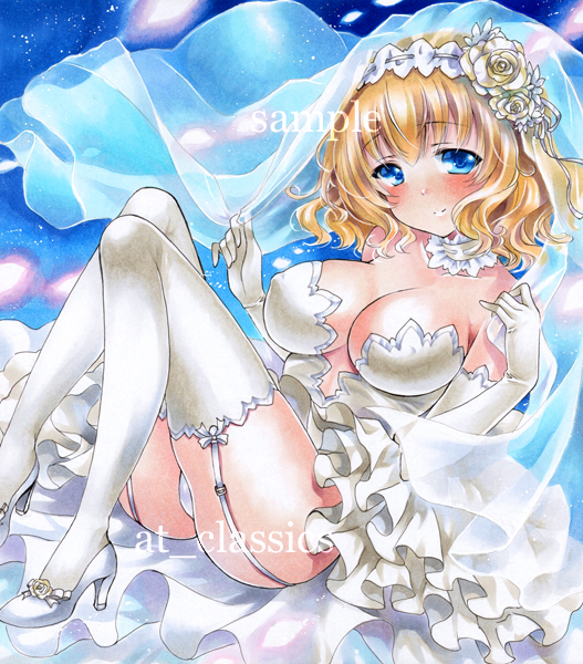 alice_margatroid alternate_costume at_classics bare_shoulders blonde_hair blue_eyes breasts cleavage covered_nipples dress elbow_gloves flower garter_straps gloves hair_flower hair_ornament hairband high_heels large_breasts light_smile marker_(medium) panties sample shoes short_hair solo thighhighs touhou traditional_media underwear veil wedding_dress white_gloves white_legwear white_panties