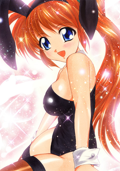 animal_ears blue_eyes brown_hair bunny_ears bunnysuit long_hair lyrical_nanoha mahou_shoujo_lyrical_nanoha_strikers marker_(medium) ponytail side_ponytail solo sparkle takamachi_nanoha thighhighs traditional_media yadokari_genpachirou