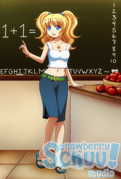 apple basket blackboard blonde_hair blue_eyes bubbles chalkboard classroom crop_top female flip-flops girl maths nail_polish powerpuff_girls sandals skirt smile teacher twintails xenokurisu