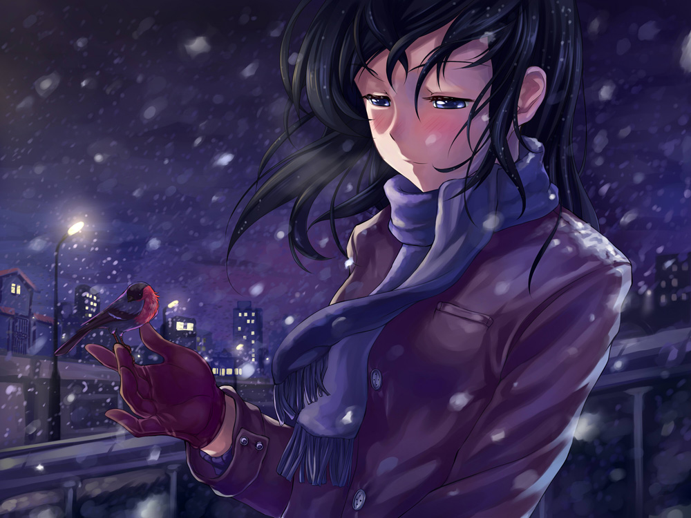 atomix bird bird_on_hand black_hair blue_eyes blush building coat gloves half-closed_eyes lamppost light_smile long_hair night original outstretched_hand purple_scarf scarf snowing solo upper_body
