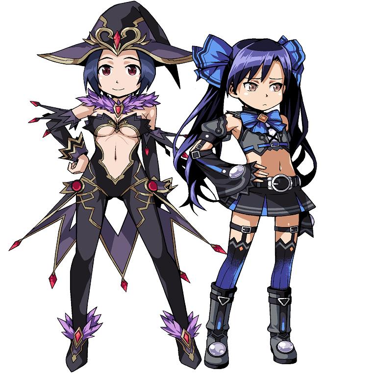 2girls artist_request black_hair blue_hair bow breasts brown_eyes choujigen_game_neptune cleavage compile_heart cosplay embarrassed female flat_chest hair_bow hat idea_factory idolmaster imai_asami kami_jigen_game_neptune_v kisaragi_chihaya long_hair magiquone magiquone_(cosplay) midriff miura_azusa multiple_girls navel neptune_(series) noire noire_(cosplay) red_eyes seiyuu_connection short_hair smile standing takahashi_chiaki tomonotomono twintails