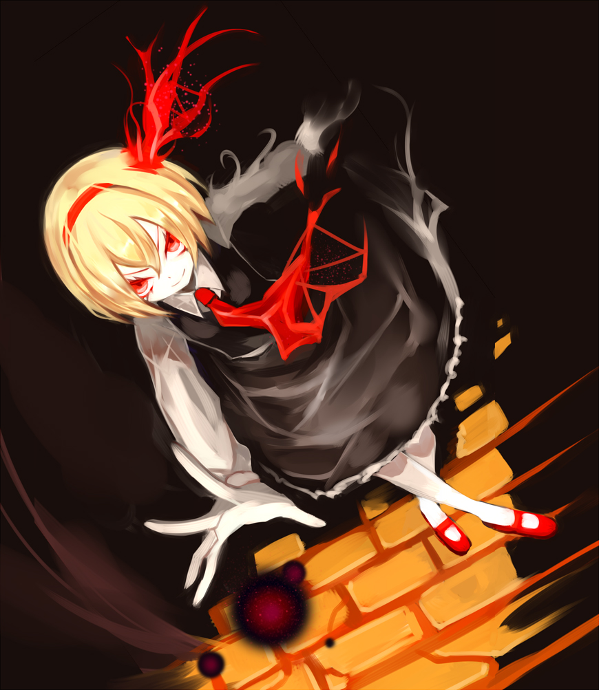 ascot banned_artist black_dress blonde_hair darkness dress energy_ball glowing glowing_eyes hair_ribbon kozou_(soumuden) long_sleeves looking_at_viewer outstretched_arm outstretched_hand red_eyes red_footwear ribbon rumia shirt shoes short_hair solo torn_ribbon touhou